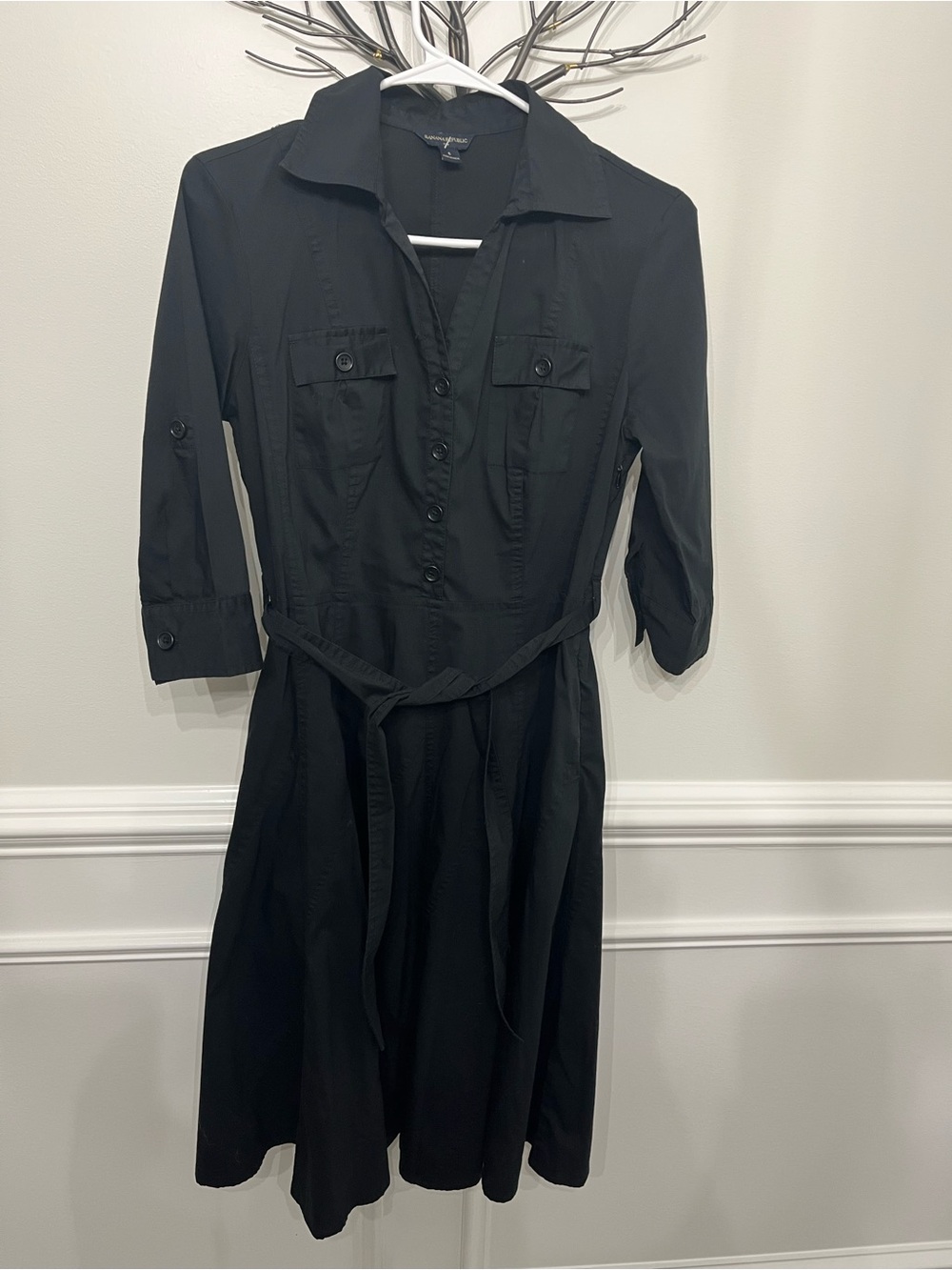 Banana Republic Black Shirt Midi Dress with Tie Waist